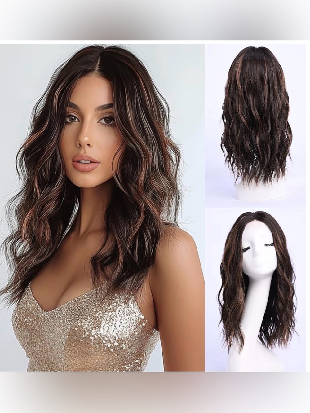 Ombre Blonde Ash Wavy Wigs Human Hair 18”Heat Resistant Brown with Highlight,18”